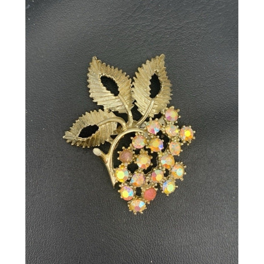 Vintage 1960s BSK  Aurora Borealis Rhinestone Grape & Grape Leaves Brooch